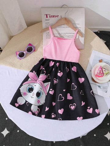 New Summer Cute Young Girl Girls Sweet Cartoon Cat Heart Print Strap Dress