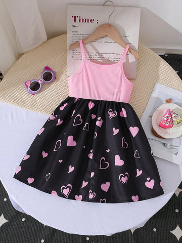 New Summer Cute Young Girl Girls Sweet Cartoon Cat Heart Print Strap Dress
