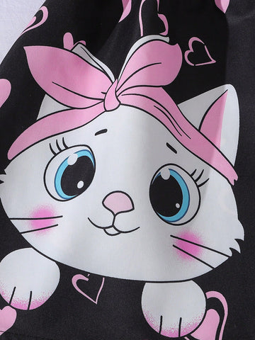 New Summer Cute Young Girl Girls Sweet Cartoon Cat Heart Print Strap Dress