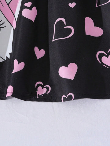 New Summer Cute Young Girl Girls Sweet Cartoon Cat Heart Print Strap Dress