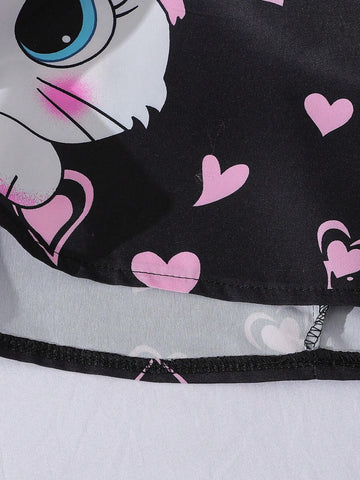 New Summer Cute Young Girl Girls Sweet Cartoon Cat Heart Print Strap Dress