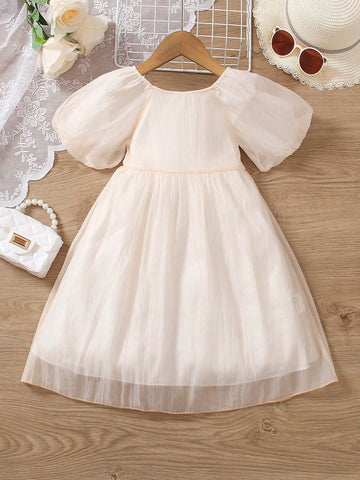 New Summer Dress For Toddler Girls, Simple Solid Color Princess Style With Puff Sleeves, Elegant & Ethereal, Round Neck, Mesh Skirt