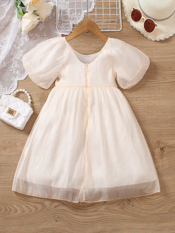 New Summer Dress For Toddler Girls, Simple Solid Color Princess Style With Puff Sleeves, Elegant & Ethereal, Round Neck, Mesh Skirt