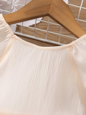 New Summer Dress For Toddler Girls, Simple Solid Color Princess Style With Puff Sleeves, Elegant & Ethereal, Round Neck, Mesh Skirt