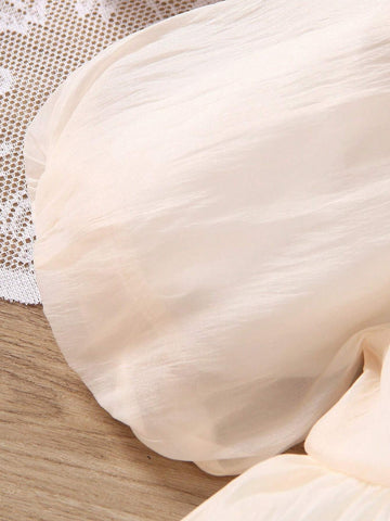 New Summer Dress For Toddler Girls, Simple Solid Color Princess Style With Puff Sleeves, Elegant & Ethereal, Round Neck, Mesh Skirt