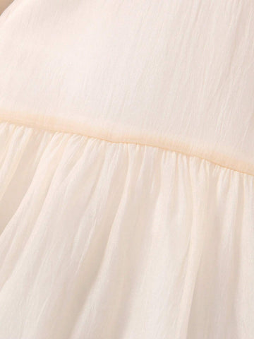 New Summer Dress For Toddler Girls, Simple Solid Color Princess Style With Puff Sleeves, Elegant & Ethereal, Round Neck, Mesh Skirt