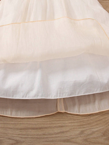 New Summer Dress For Toddler Girls, Simple Solid Color Princess Style With Puff Sleeves, Elegant & Ethereal, Round Neck, Mesh Skirt