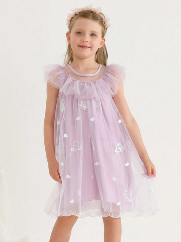 New Summer Embroidered Shiny Double-Layered Dress With Ruffled Hem For Girls Princess Style