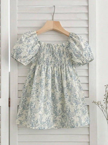 New Summer Floral Bubble Short Sleeve Princess Dress For Girls