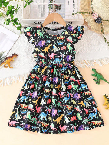 New Summer Flying Sleeve Cartoon Cute Dinosaur Pattern Dress For Little Girls