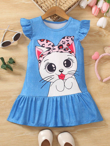 New Summer Girls' Cap Sleeve Dress With Cartoon Cat Print, Ruffle Hem And Casual Style