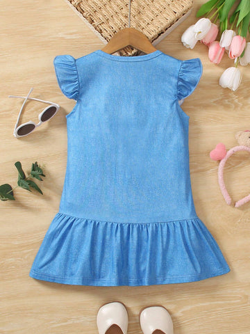 New Summer Girls' Cap Sleeve Dress With Cartoon Cat Print, Ruffle Hem And Casual Style