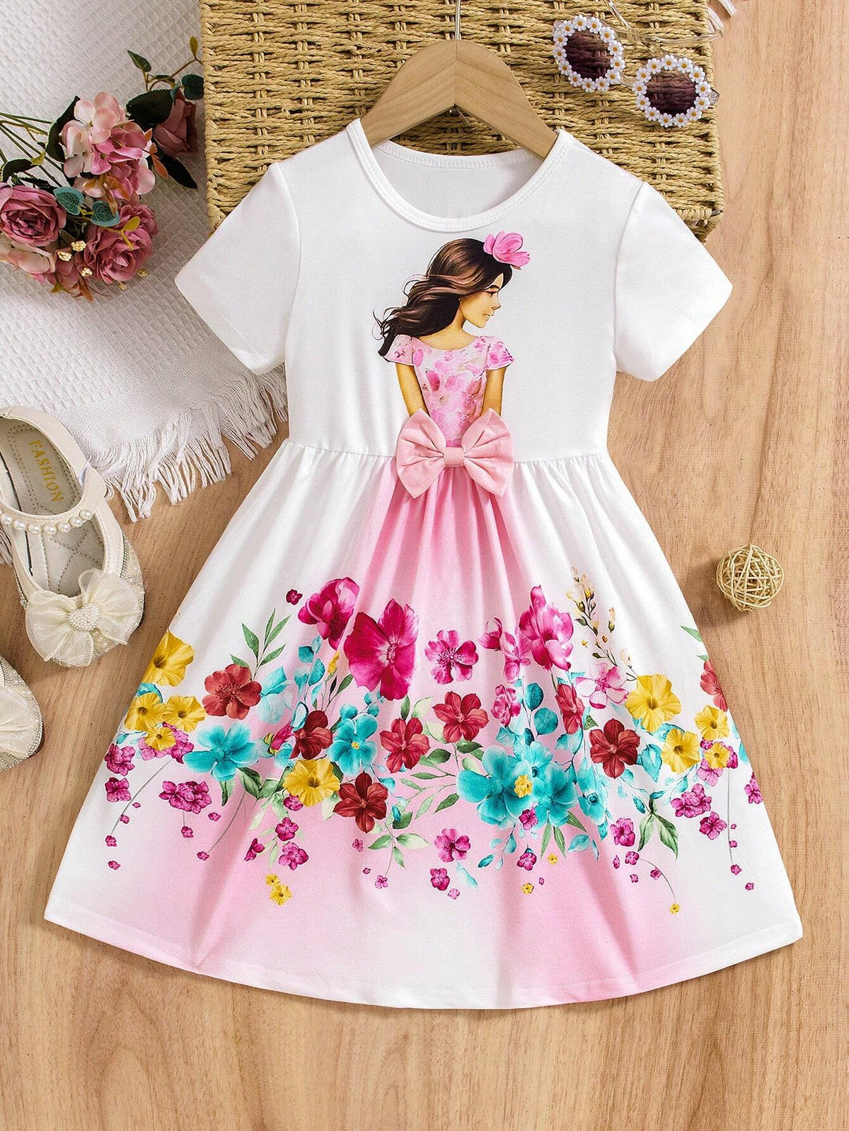 New Summer Girls' Cute Printed A-Line Dress, Spring/Summer