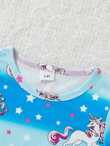 New Summer Girl's Dress, Cartoon Unicorn Print Tie Dye Tie-Dye Short Sleeve Wave Dress