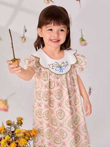 New Summer Peter Pan Collar Floral Embroidery Flare Sleeve Princess Dress For Toddler Girls