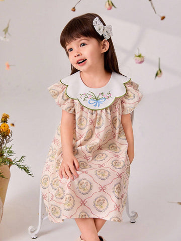 New Summer Peter Pan Collar Floral Embroidery Flare Sleeve Princess Dress For Toddler Girls