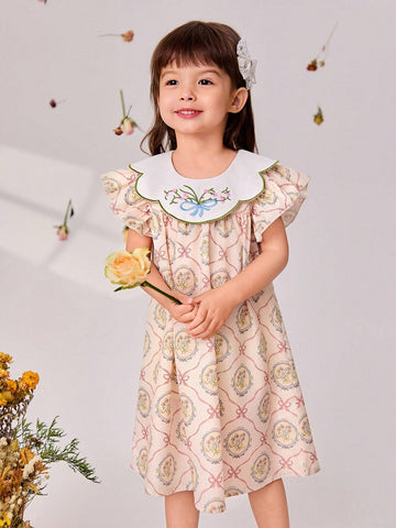 New Summer Peter Pan Collar Floral Embroidery Flare Sleeve Princess Dress For Toddler Girls