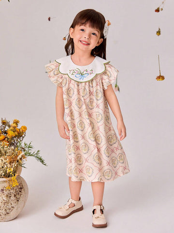 New Summer Peter Pan Collar Floral Embroidery Flare Sleeve Princess Dress For Toddler Girls