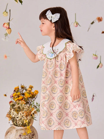 New Summer Peter Pan Collar Floral Embroidery Flare Sleeve Princess Dress For Toddler Girls