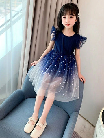 New Summer Style Girls Dress, Starry Sky Gradient Cap Sleeve Princess Dress With Fly Sleeve And Fluffy Skirt