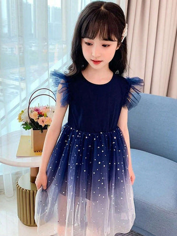 New Summer Style Girls Dress, Starry Sky Gradient Cap Sleeve Princess Dress With Fly Sleeve And Fluffy Skirt