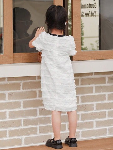New Summer White Square Neck Short Sleeve Pleated Chiffon Dress For Little Girls Mommy And Me Matching Outfits (2 Pieces Sold Separately)