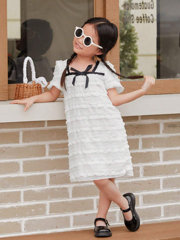 New Summer White Square Neck Short Sleeve Pleated Chiffon Dress For Little Girls Mommy And Me Matching Outfits (2 Pieces Sold Separately)
