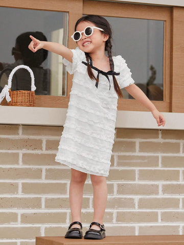 New Summer White Square Neck Short Sleeve Pleated Chiffon Dress For Little Girls Mommy And Me Matching Outfits (2 Pieces Sold Separately)