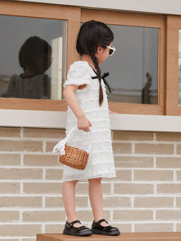 New Summer White Square Neck Short Sleeve Pleated Chiffon Dress For Little Girls Mommy And Me Matching Outfits (2 Pieces Sold Separately)