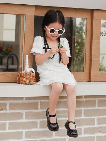 New Summer White Square Neck Short Sleeve Pleated Chiffon Dress For Little Girls Mommy And Me Matching Outfits (2 Pieces Sold Separately)