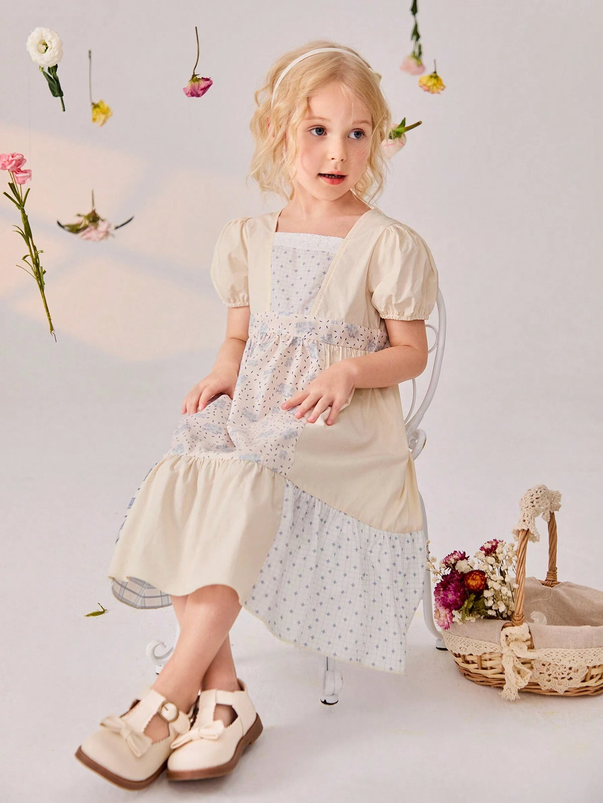 New Summer Young Girls' Floral Patchwork Diamond Plaid Print Mid-Length Dress