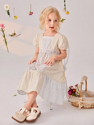 New Summer Young Girls' Floral Patchwork Diamond Plaid Print Mid-Length Dress