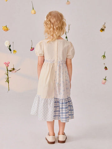 New Summer Young Girls' Floral Patchwork Diamond Plaid Print Mid-Length Dress