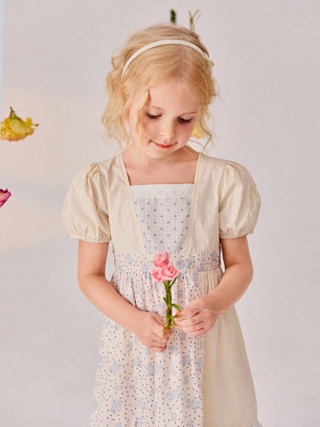 New Summer Young Girls' Floral Patchwork Diamond Plaid Print Mid-Length Dress