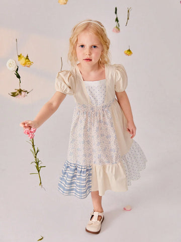 New Summer Young Girls' Floral Patchwork Diamond Plaid Print Mid-Length Dress