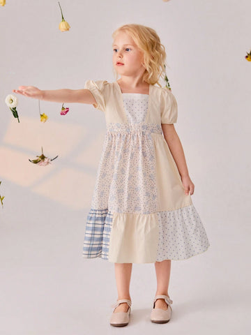 New Summer Young Girls' Floral Patchwork Diamond Plaid Print Mid-Length Dress