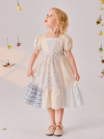 New Summer Young Girls' Floral Patchwork Diamond Plaid Print Mid-Length Dress