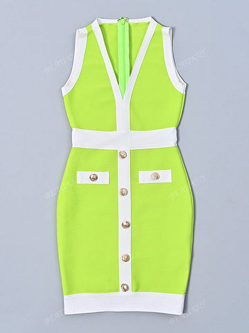 New V-Neck Button Bandage Sleeveless Mini Sexy Bodycon Cocktail Party Dress For Women