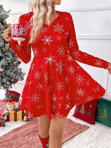 New V-Neck Snowflake Print Double Layer Ruffle Hem Long Sleeve Dress For Christmas