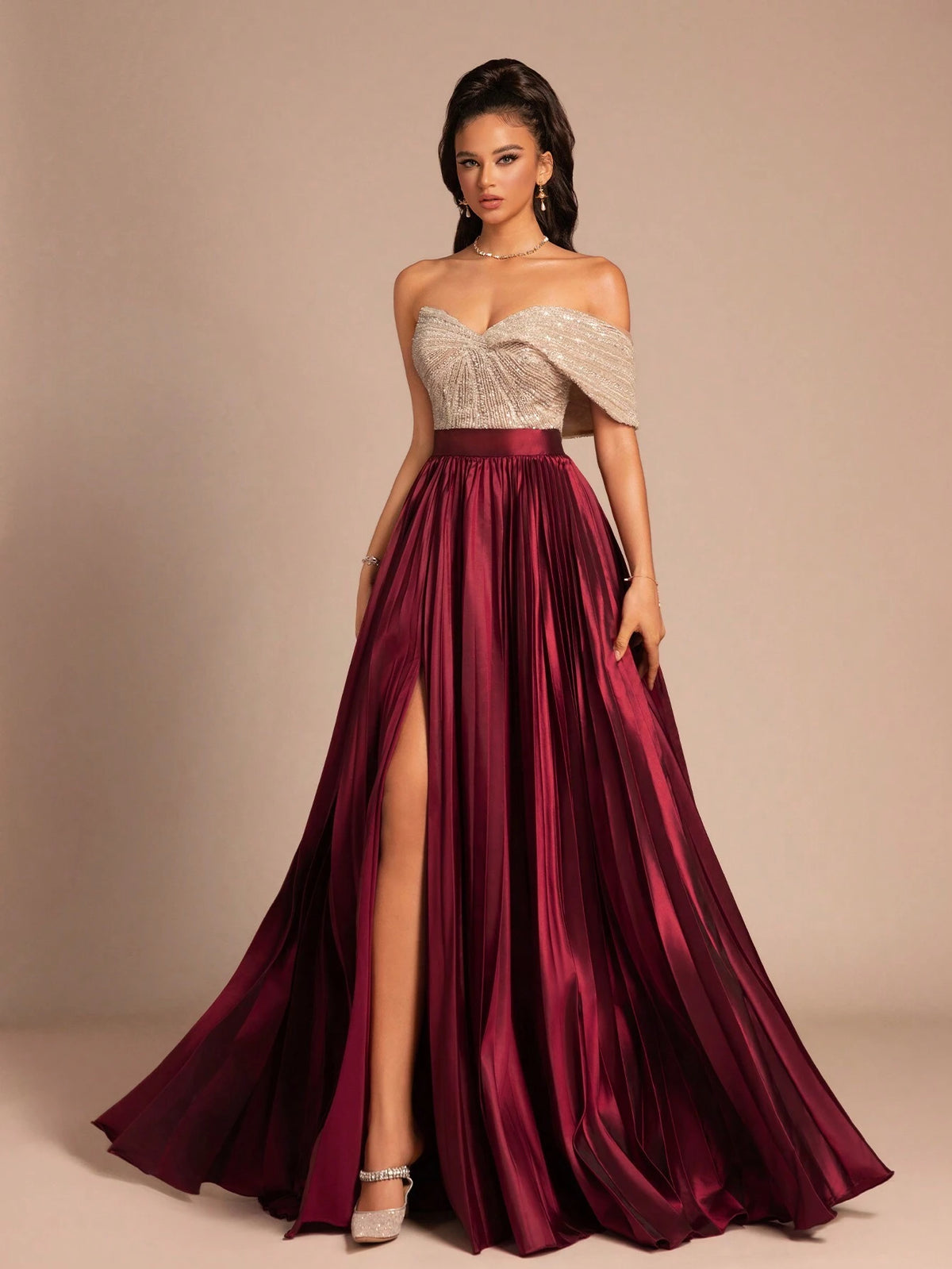New V-Neck Solid Color Patchwork Side Slit Back Zipper High-End Elegant Evening Dress