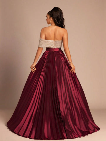 New V-Neck Solid Color Patchwork Side Slit Back Zipper High-End Elegant Evening Dress