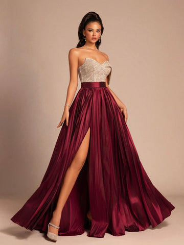 New V-Neck Solid Color Patchwork Side Slit Back Zipper High-End Elegant Evening Dress