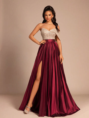 New V-Neck Solid Color Patchwork Side Slit Back Zipper High-End Elegant Evening Dress