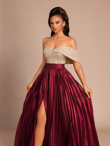 New V-Neck Solid Color Patchwork Side Slit Back Zipper High-End Elegant Evening Dress