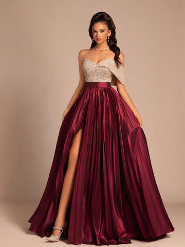 New V-Neck Solid Color Patchwork Side Slit Back Zipper High-End Elegant Evening Dress