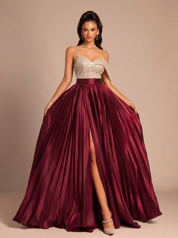 New V-Neck Solid Color Patchwork Side Slit Back Zipper High-End Elegant Evening Dress