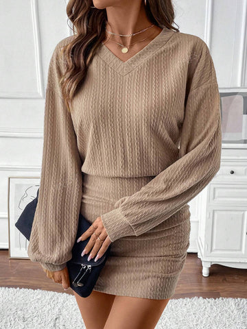 New V-Neck Textured Fabric Long Sleeve Bodycon Dress For Women