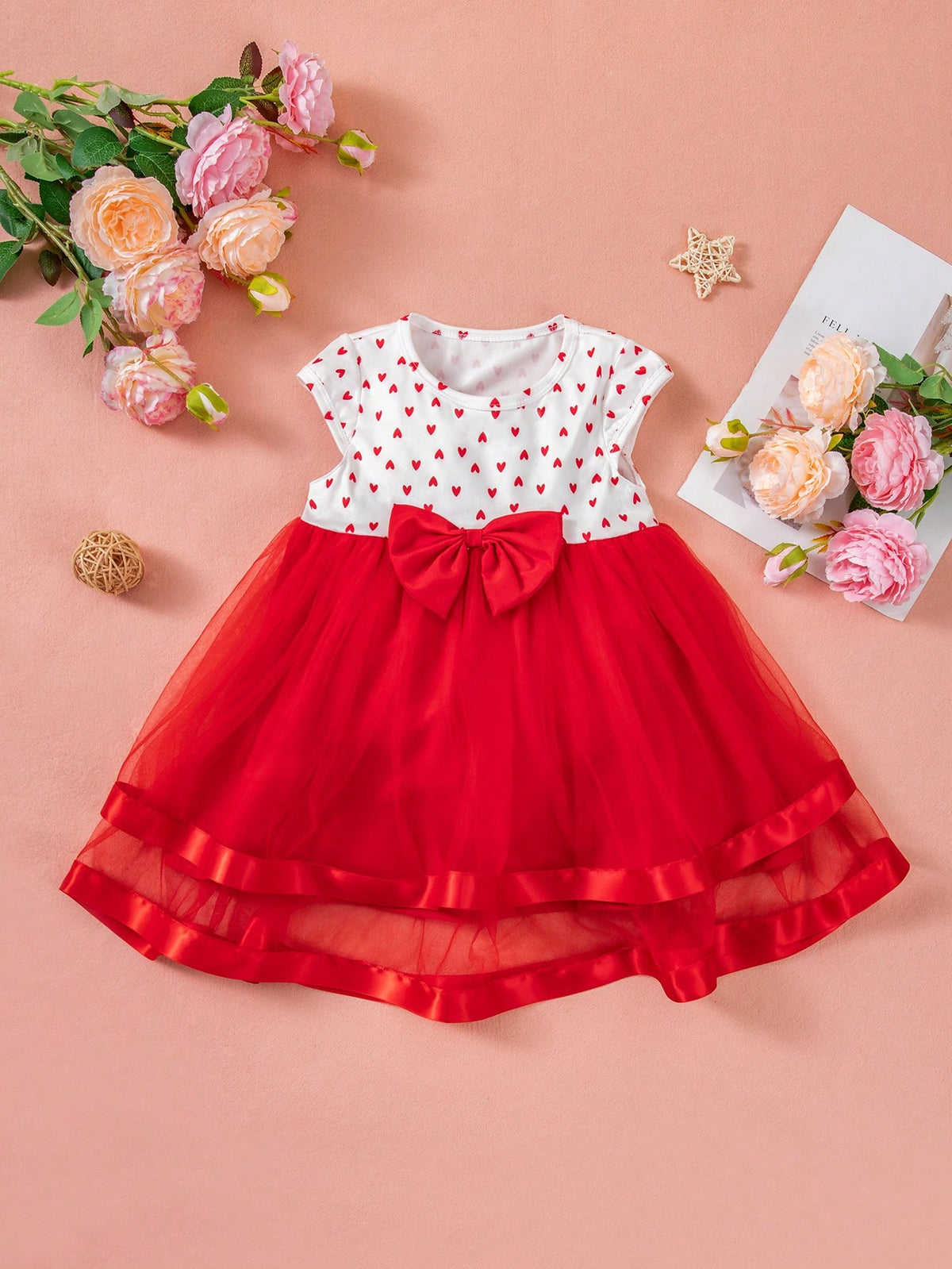 New Valentine's Day Sleeveless Baby Girl Princess Dress, Heart & Bowknot Patchwork Print, Baby/Toddler Holiday Party Dress