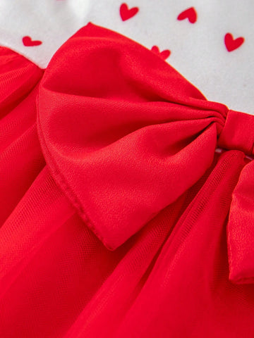 New Valentine's Day Sleeveless Baby Girl Princess Dress, Heart & Bowknot Patchwork Print, Baby/Toddler Holiday Party Dress