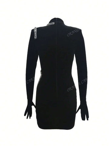 New Velvet High Neck Embellished Short Dress For Women